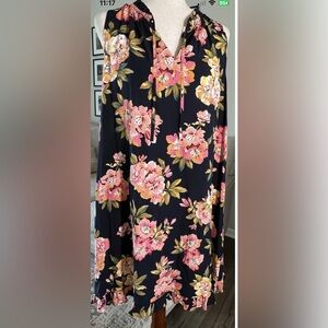 LOFT Navy Blue Floral Sleeveless Rayon Pullover Sun Flowy Dress Size Medium New